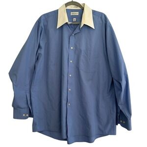 Van Heusen Shirt Men's Size‎ 17.5 Blue White Collar Poplin Cotton Blend